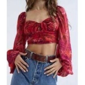For Love & Lemons Trisha Crop Top Size Extra Small XS Long Sleeve Red Floral